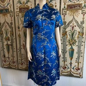 Vintage Satin Blue Floral Cheongsam Dress